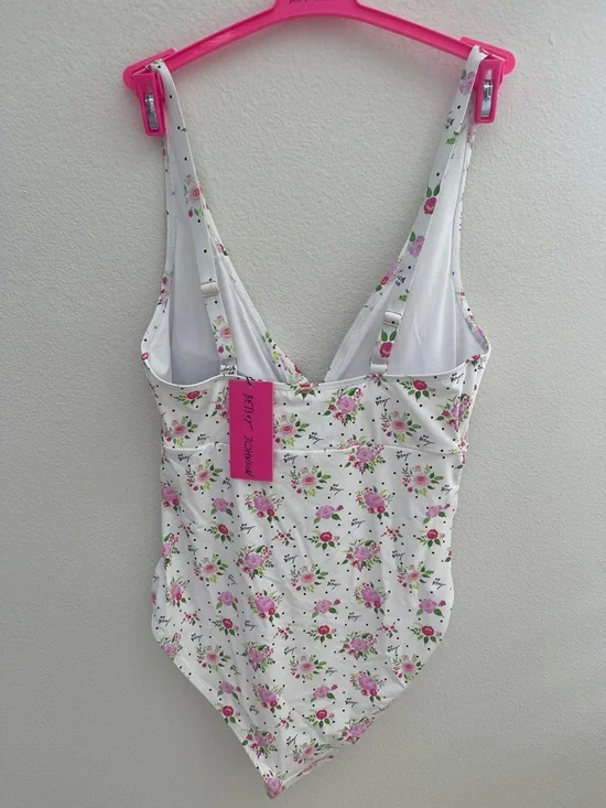 Betsey Johnson Polka Dot Bouquet Print One-Piece Swimsuit & Sarong Size Large - Picture 2 of 8